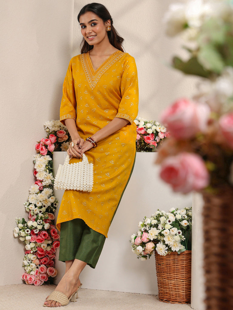 Libas Yellow Ethnic Motifs Printed Cotton Blend Straight Kurta