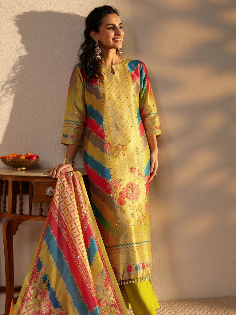 Libas Yellow Ethnic Printed Silk Blend Straight Suit Set With Dupatta