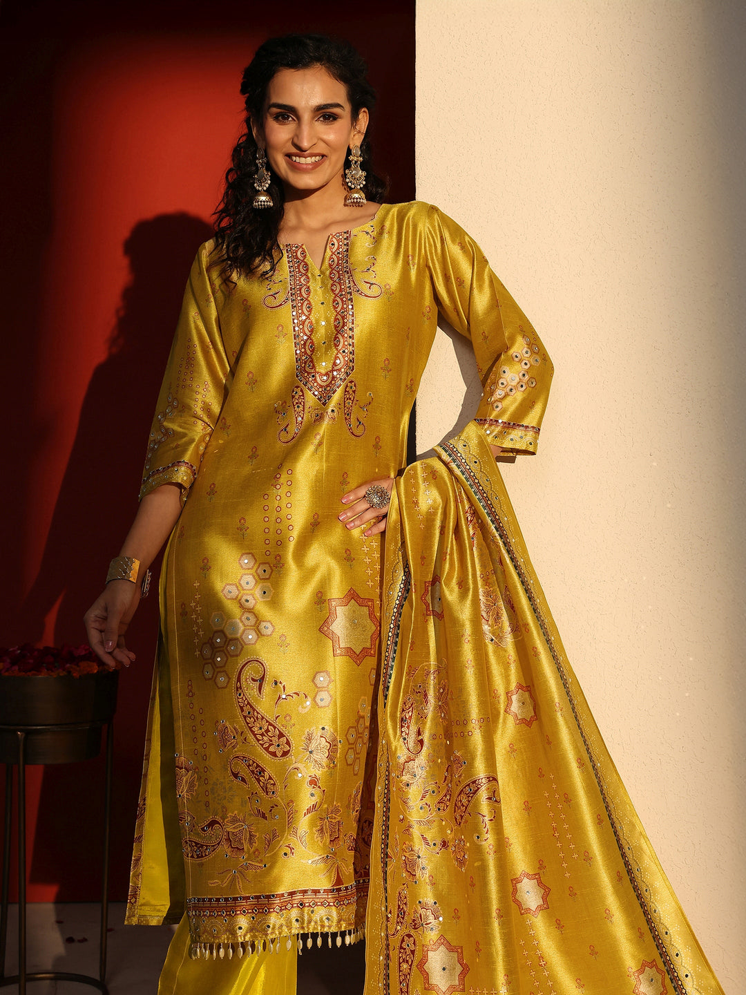  Yellow Ethnic Printed Silk Blend Straight Suit Set With Dupatta 
