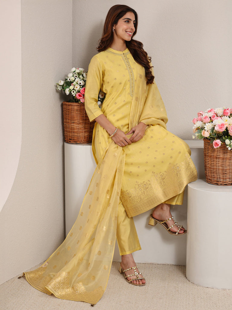 Libas Yellow Ethnic Woven Design Chanderi Silk Straight Suit Set With Dupatta