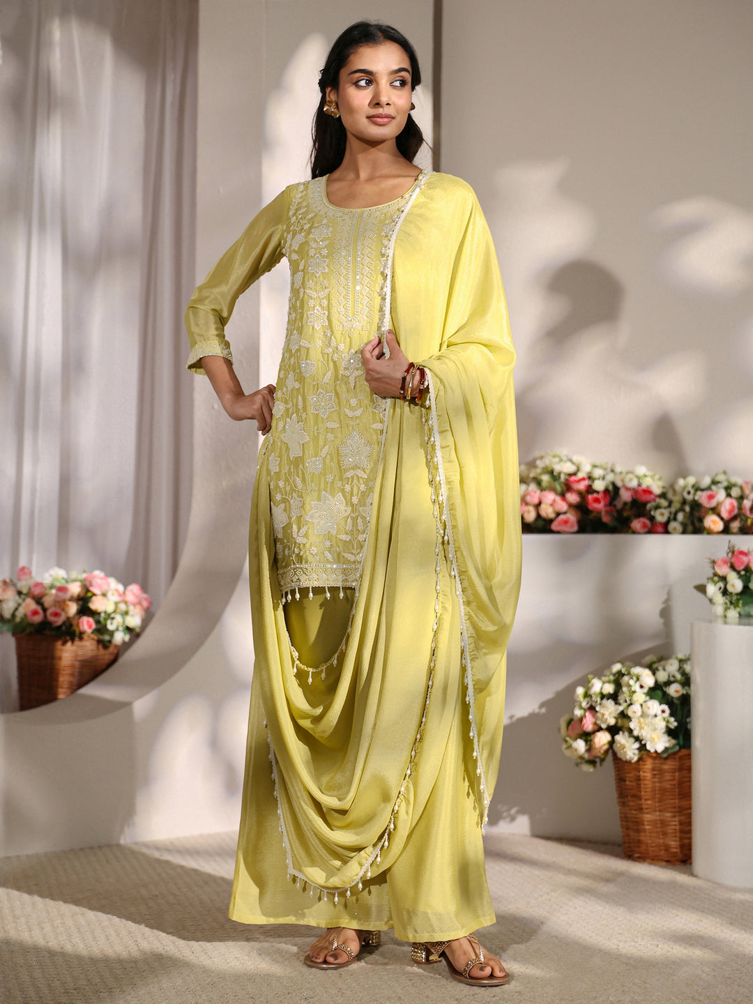 Yellow Floral Embellished Chinon Straight Suit Set With Dupatta