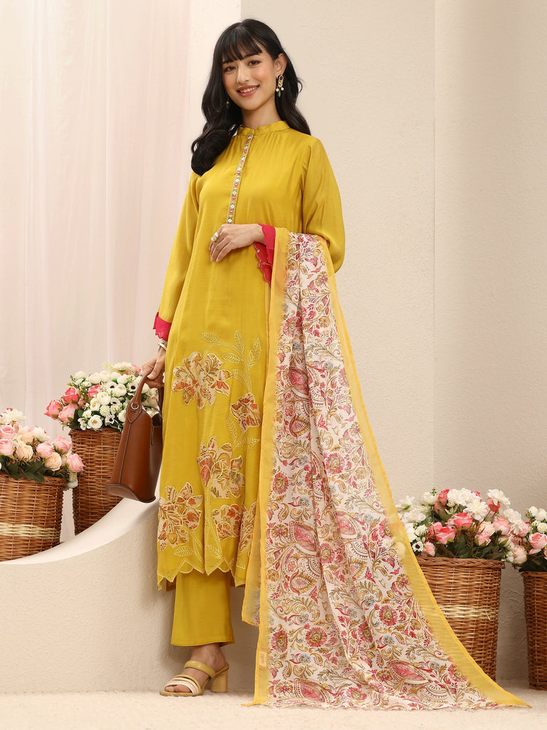 Libas Yellow Floral Embroidered Chanderi Cotton Straight Suit Set With Dupatta