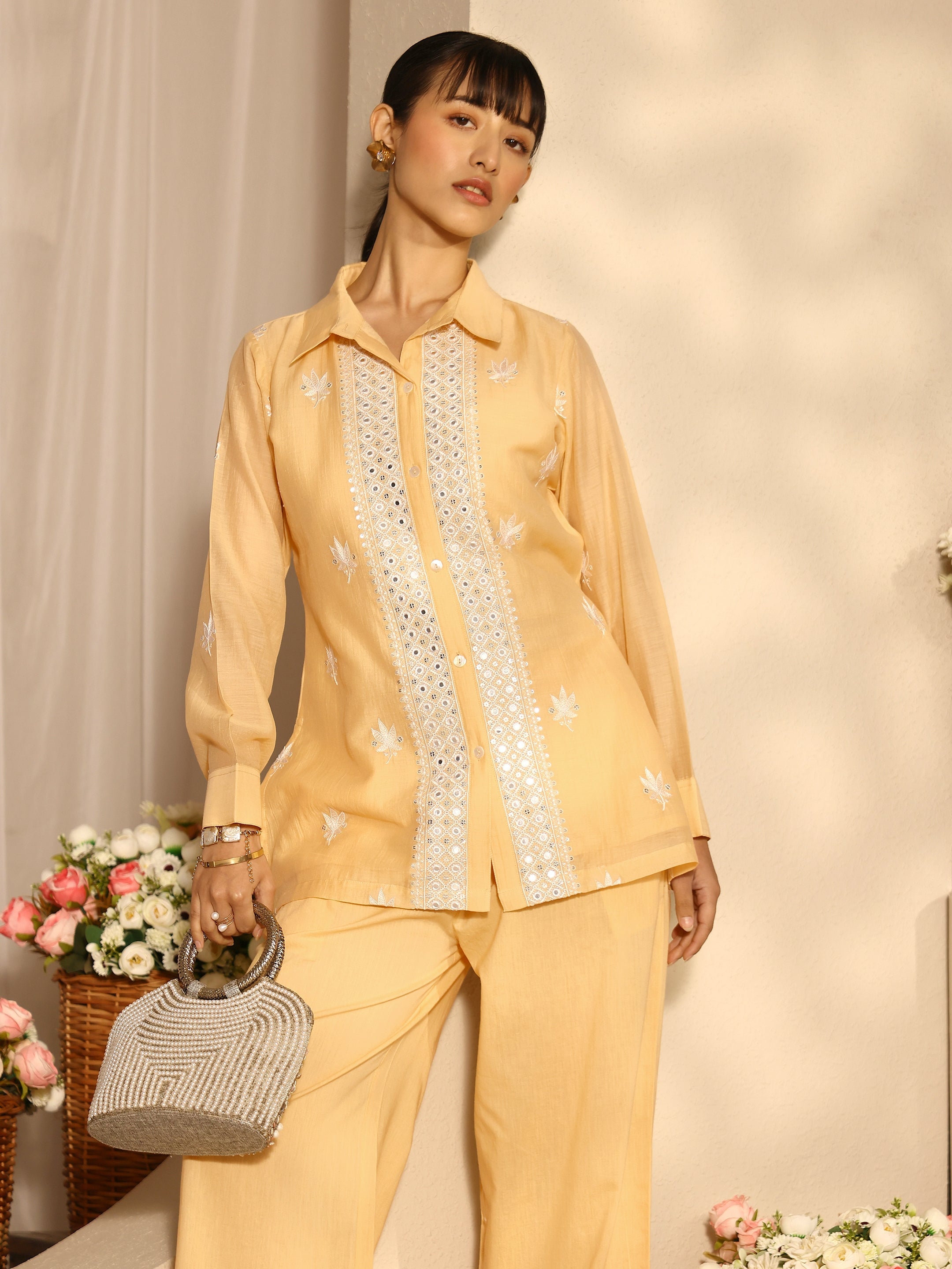Yellow Floral Embroidered Chanderi Silk Co-Ord Set-image-28