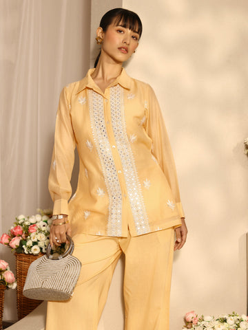 Yellow Floral Embroidered Chanderi Silk Co-Ord Set