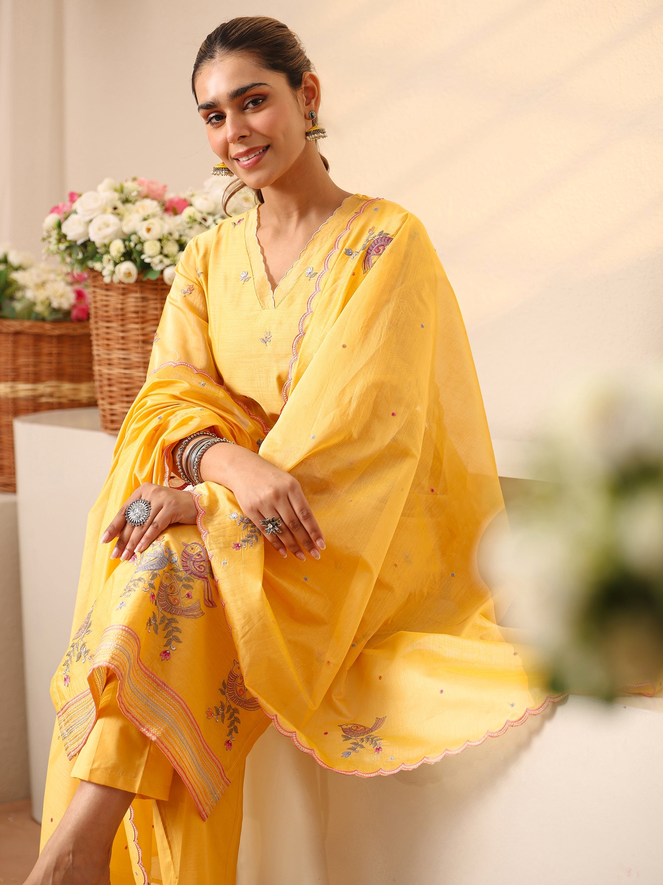 Libas Yellow Floral Embroidered Chanderi Silk Straight Suit Set-picture-24