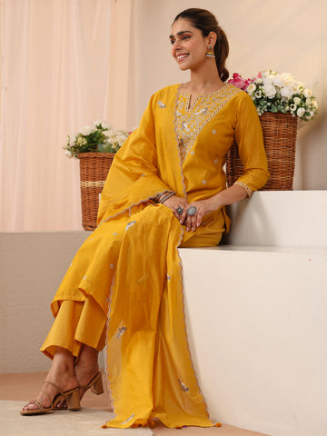 Libas Yellow Floral Embroidered Chanderi Silk Straight Suit Set