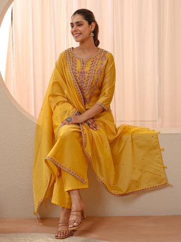 Libas Yellow Floral Embroidered Chanderi Silk Straight Suit Set