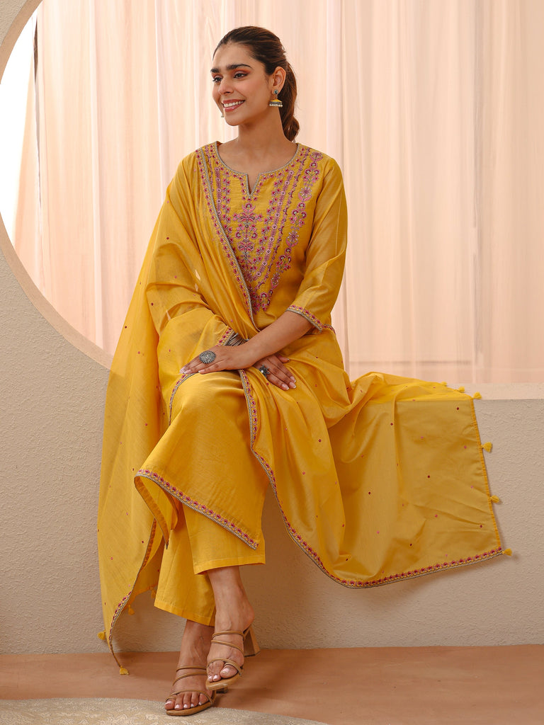 Libas Yellow Floral Embroidered Chanderi Silk Straight Suit Set