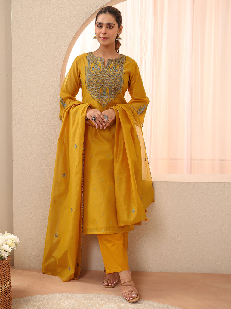 Libas Yellow Floral Embroidered Chanderi Silk Straight Suit Set