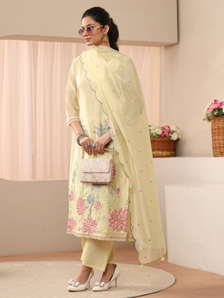 Libas Yellow Floral Embroidered Chanderi Silk Straight Suit Set