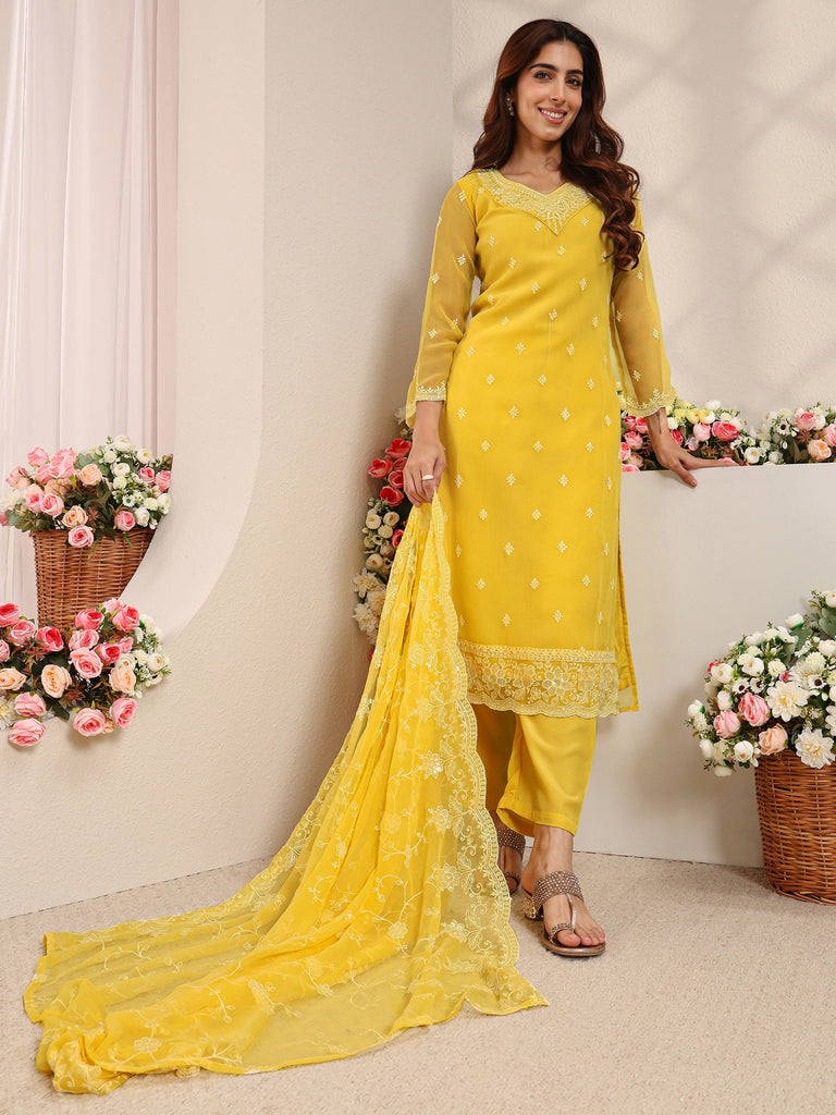 Libas Yellow Floral Embroidered Chiffon Straight Suit Set With Dupatta
