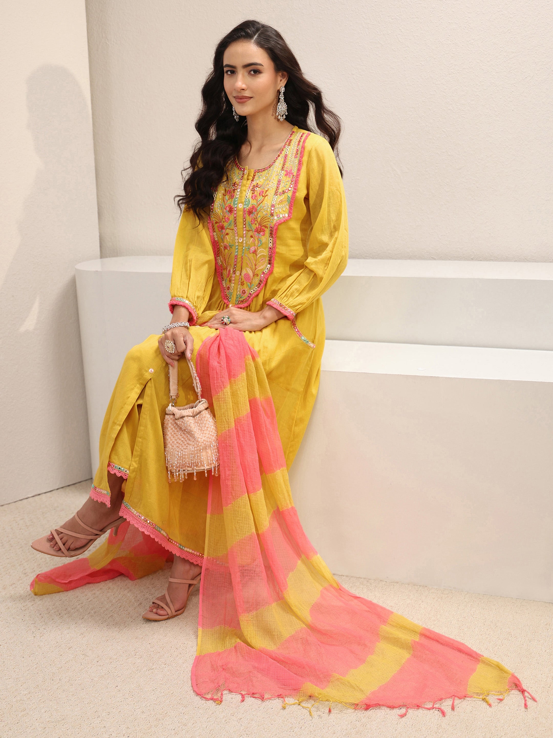 libas Yellow Floral Embroidered Cotton A-Line Suit Set With Dupatta-picture-11