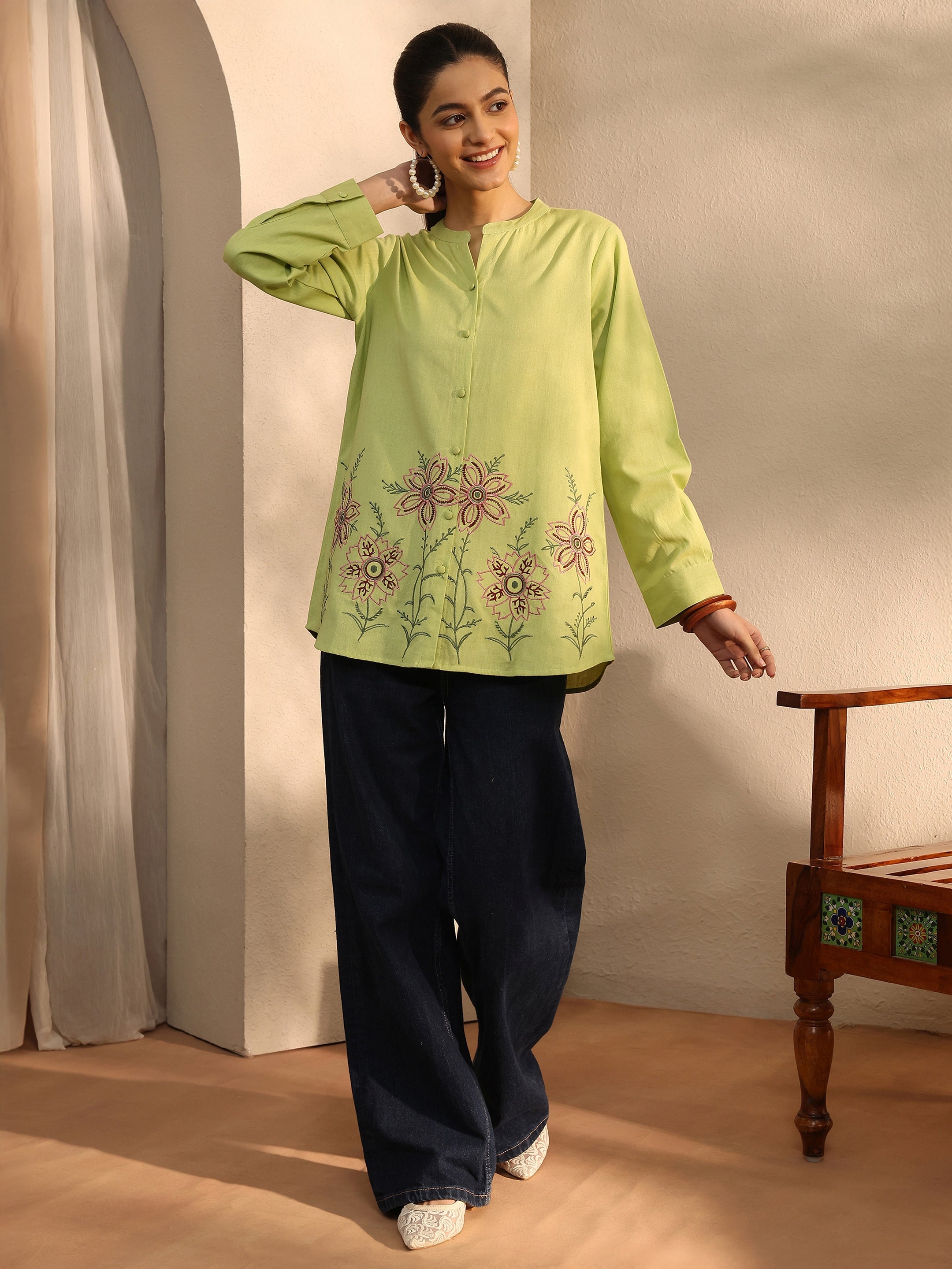 Yellow Floral Embroidered Linen Shirt-image-38