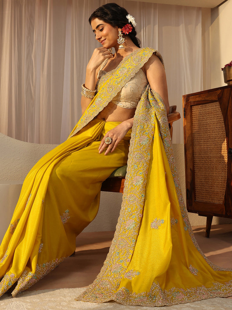 Libas Yellow Floral Embroidered Satin Saree