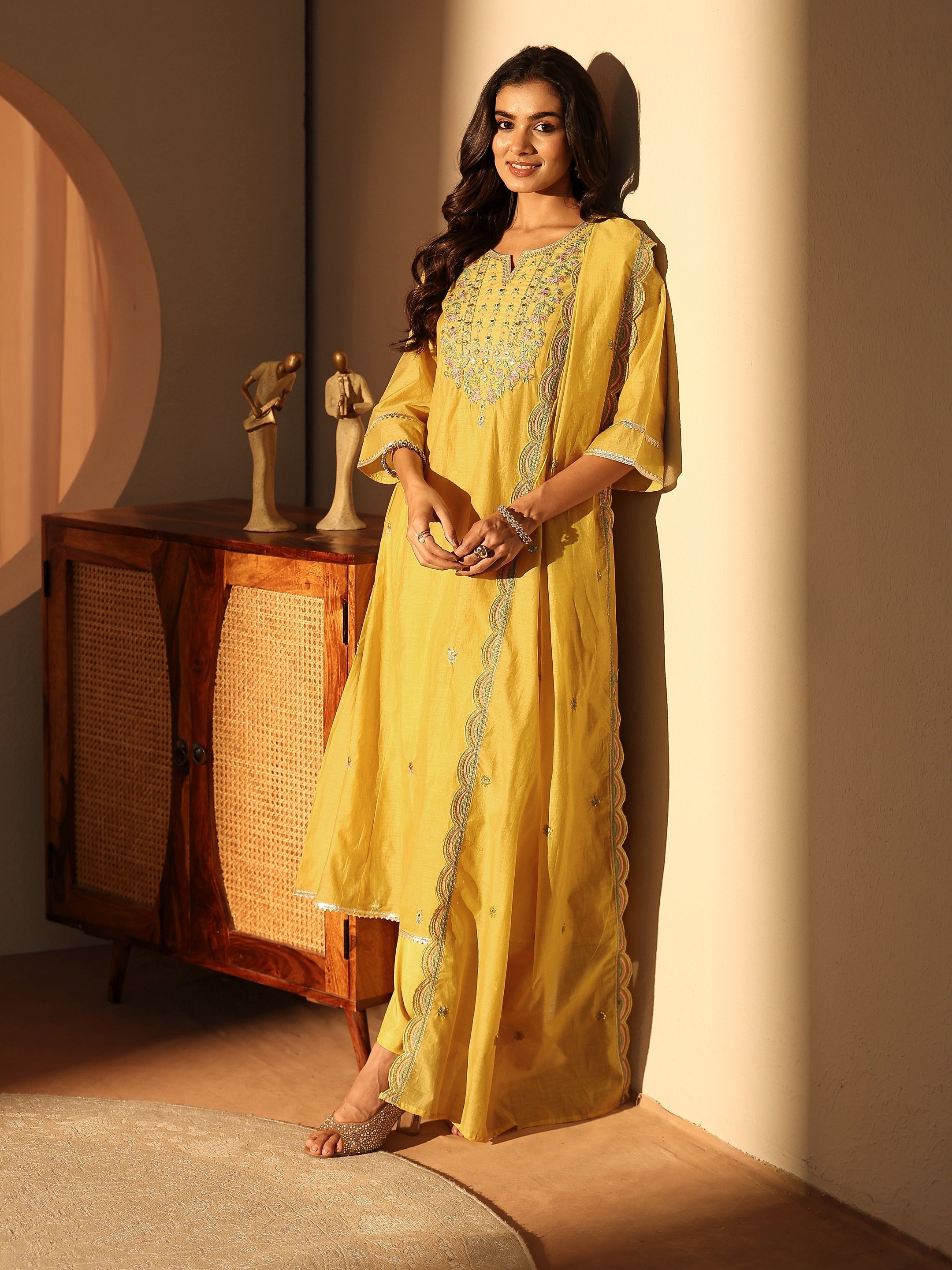 libas Yellow Floral Embroidered Silk Blend A-Line Suit Set-picture-42