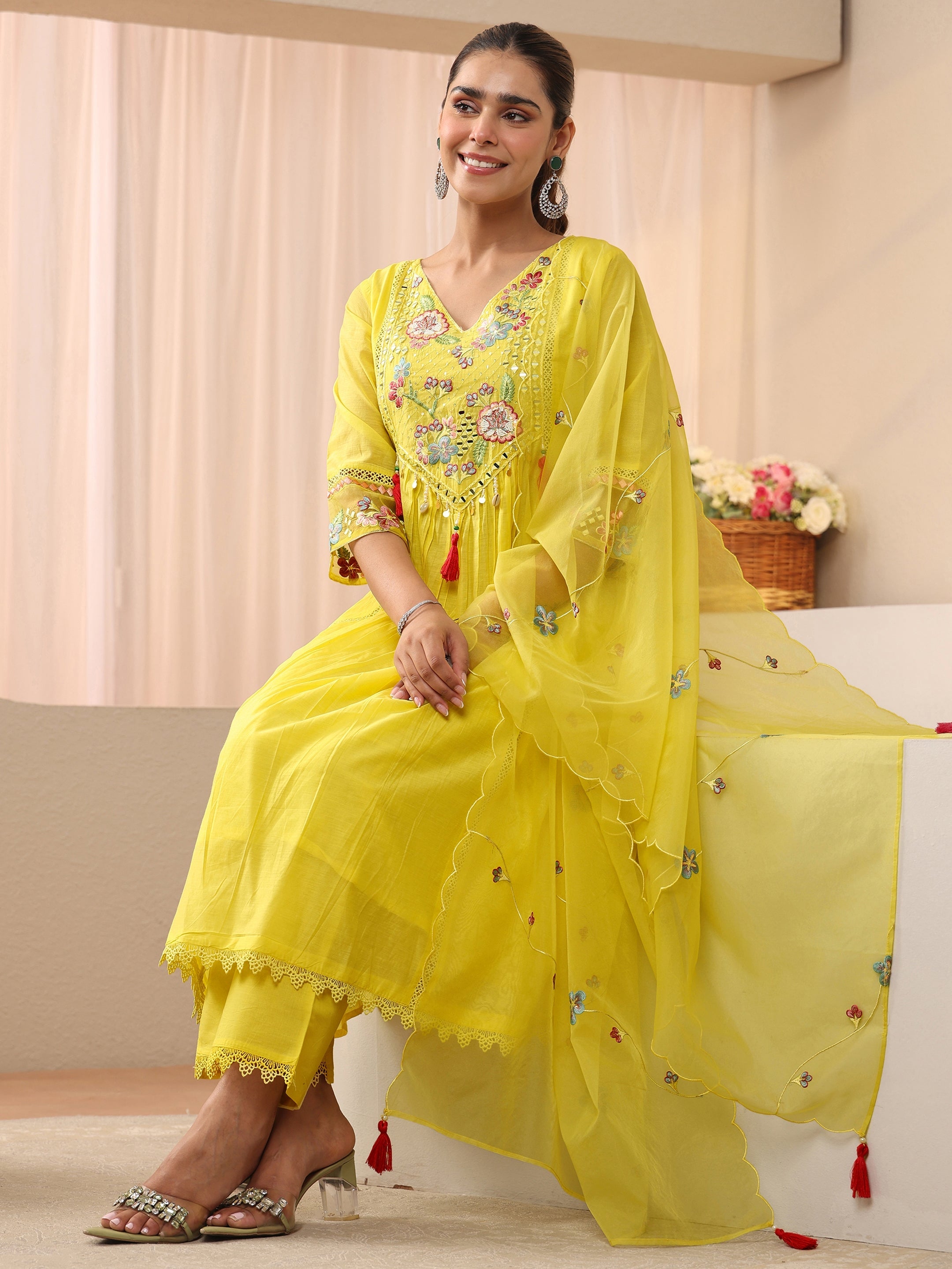 libas Yellow Floral Embroidered Silk Blend A-Line Suit Set-picture-15