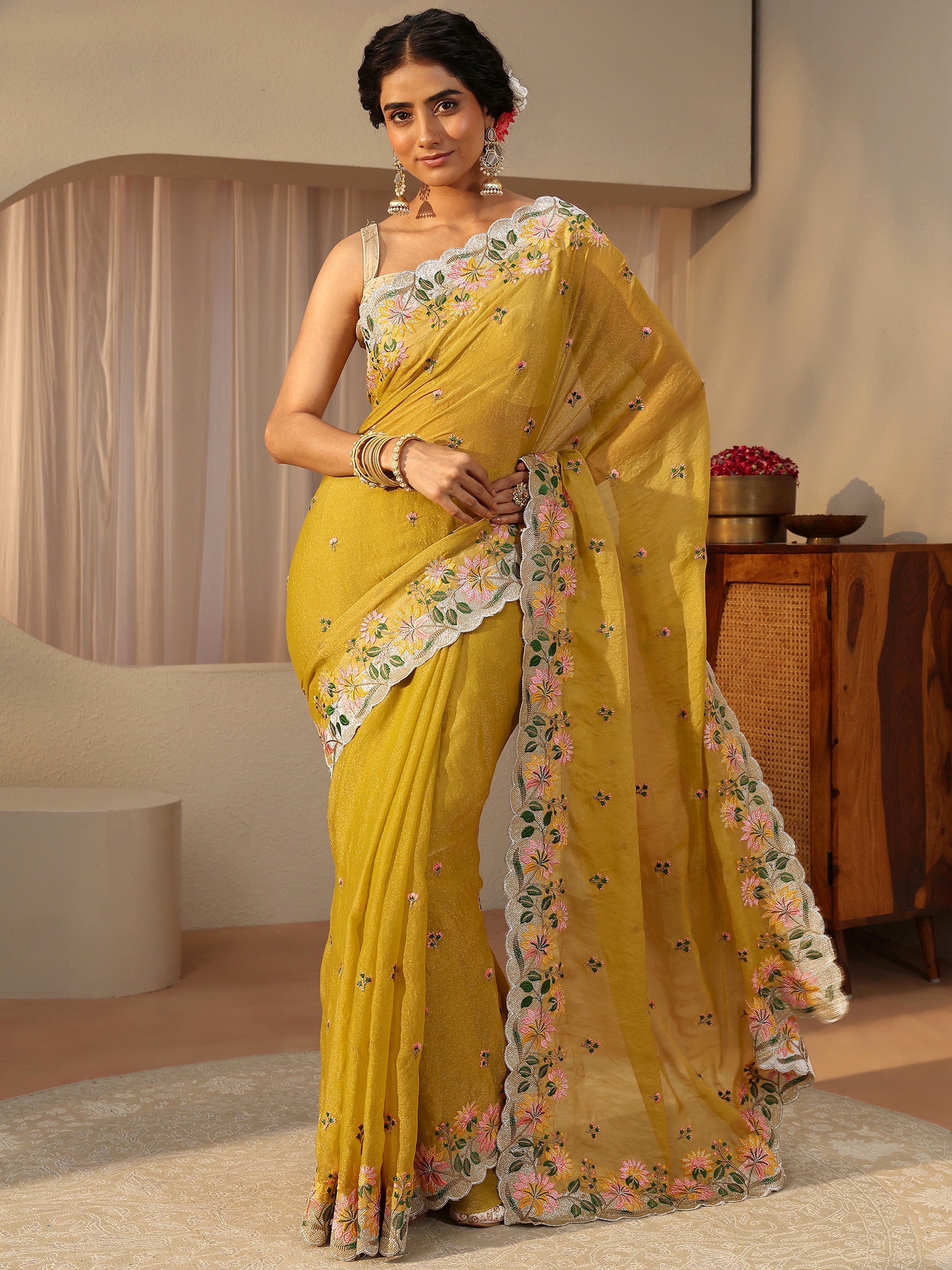 libas Yellow Floral Embroidered Tissue Saree-picture-51