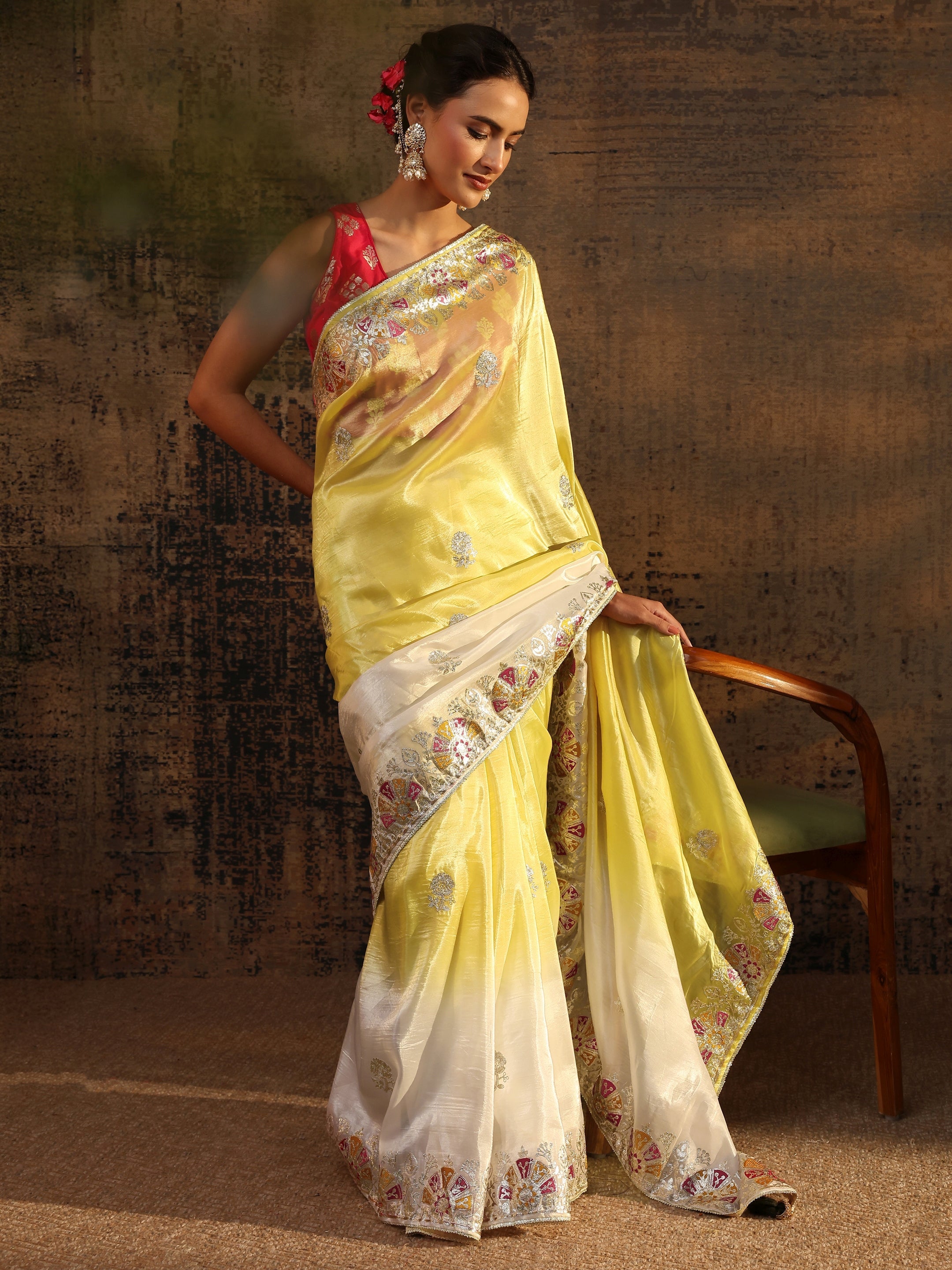Yellow Floral Embroidered Tissue Saree With Unstitched Blouse Piece-image-33