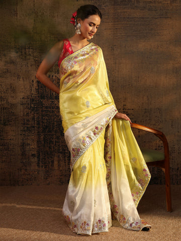 Yellow Floral Embroidered Tissue Saree With Unstitched Blouse Piece