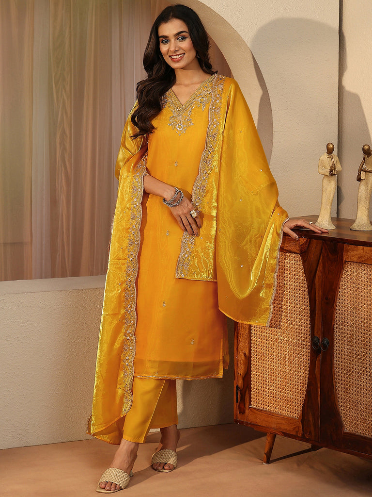 Libas Yellow Floral Embroidered Tissue Straight Suit Set