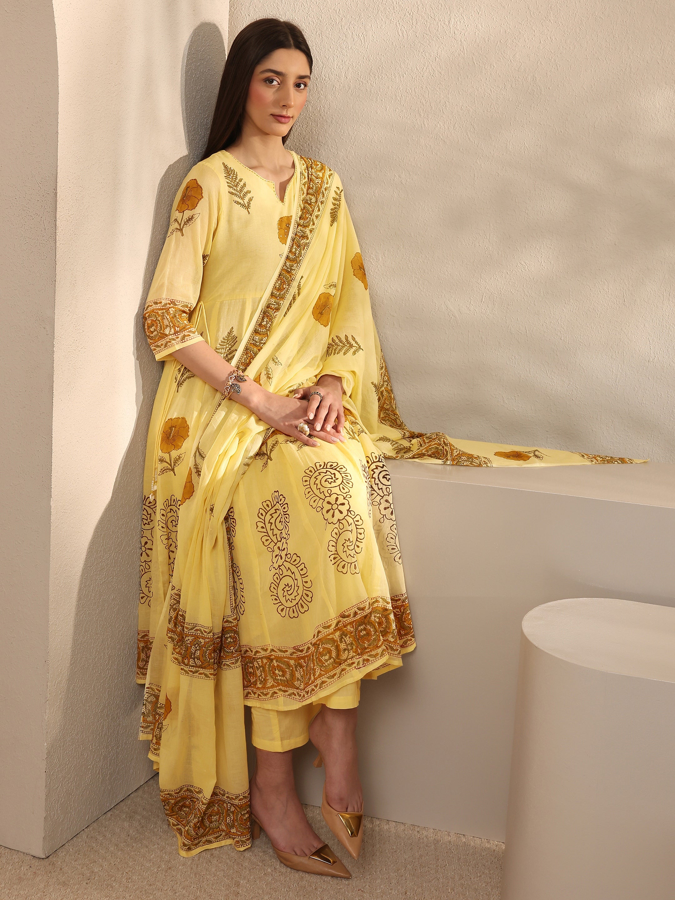 libas Yellow Floral Print Cotton Anarkali Suit Set with Dupatta-picture-11