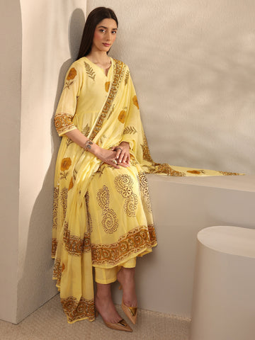Yellow Floral Print Cotton Anarkali Suit Set with Dupatta