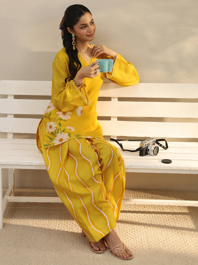 Libas Yellow Floral Printed Chanderi Silk Co-Ord Set