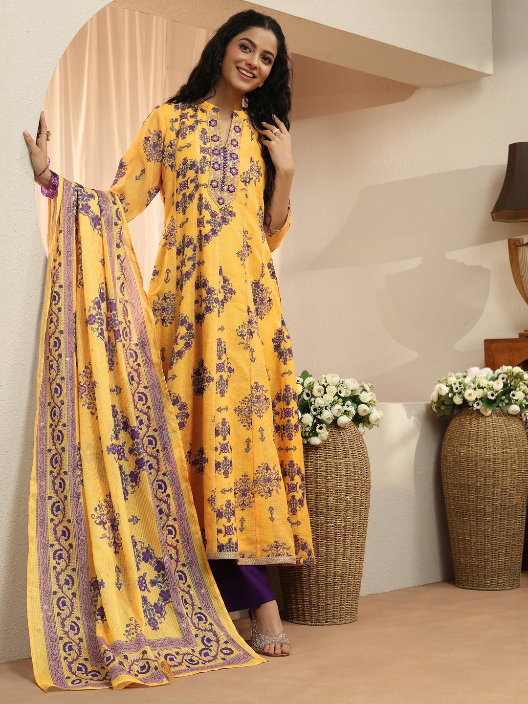  Yellow Floral Printed Chiffon Anarkali Suit Set 