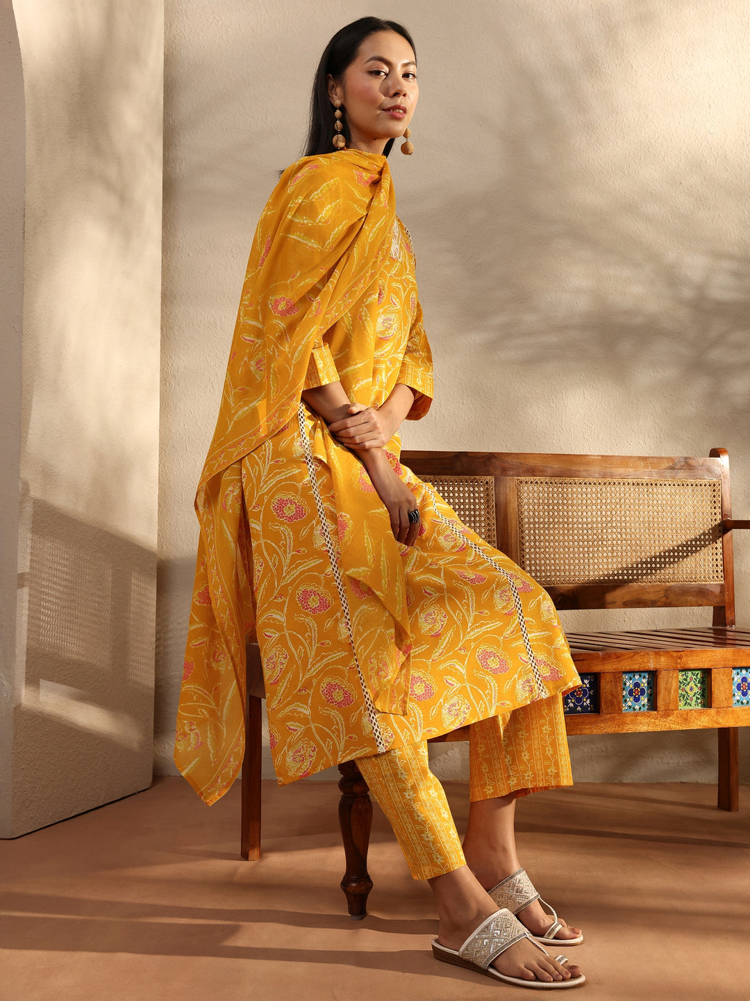 Yellow Floral Printed Cotton A-Line Suit Set With Dupatta