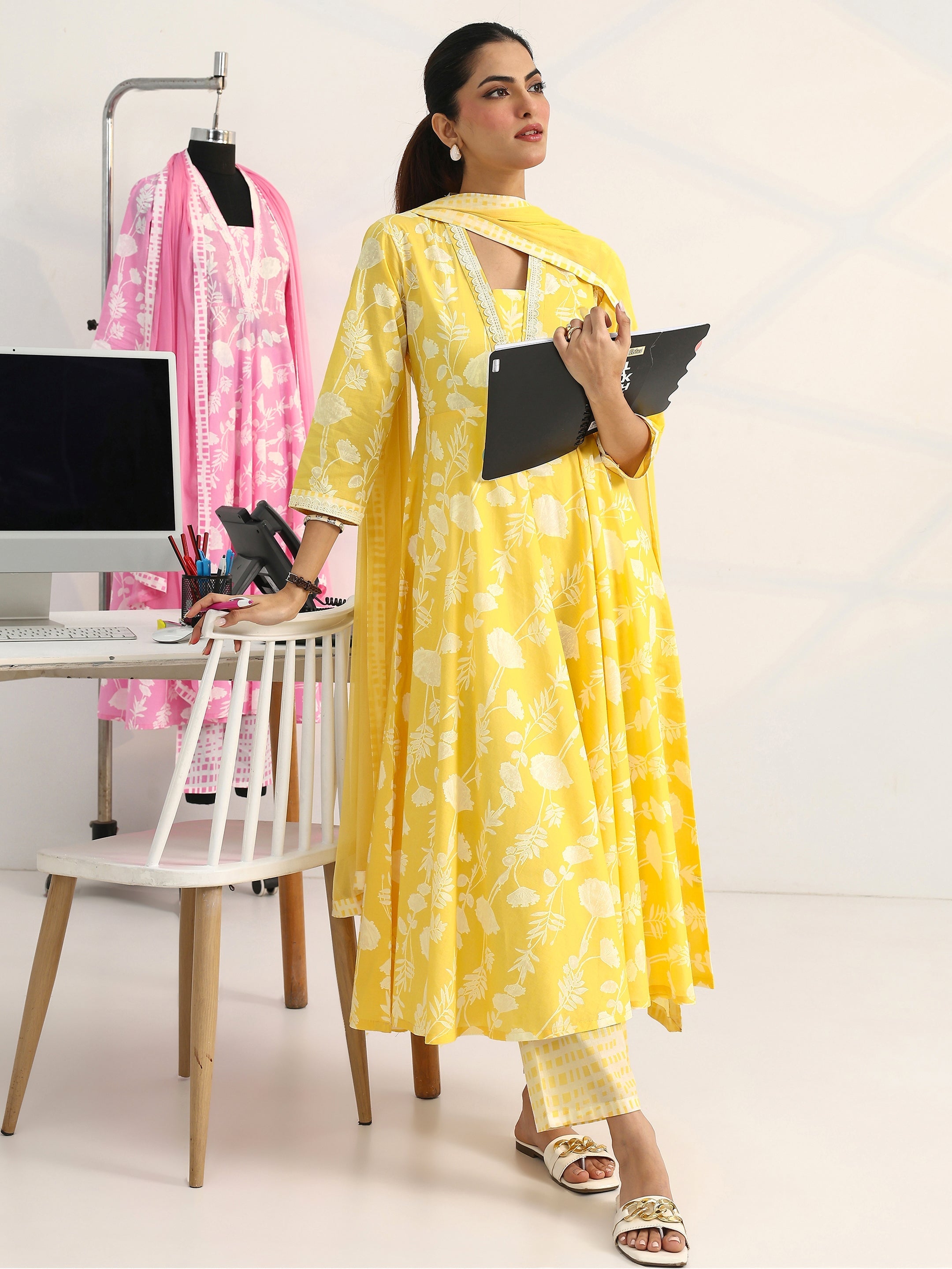 libas Yellow Floral Printed Cotton Blend A-Line Suit Set With Dupatta-picture-22