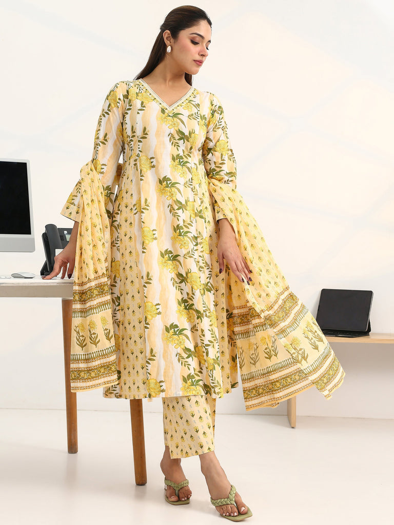Gerua Yellow Floral Printed Cotton Blend A-Line Suit Set With Dupatta