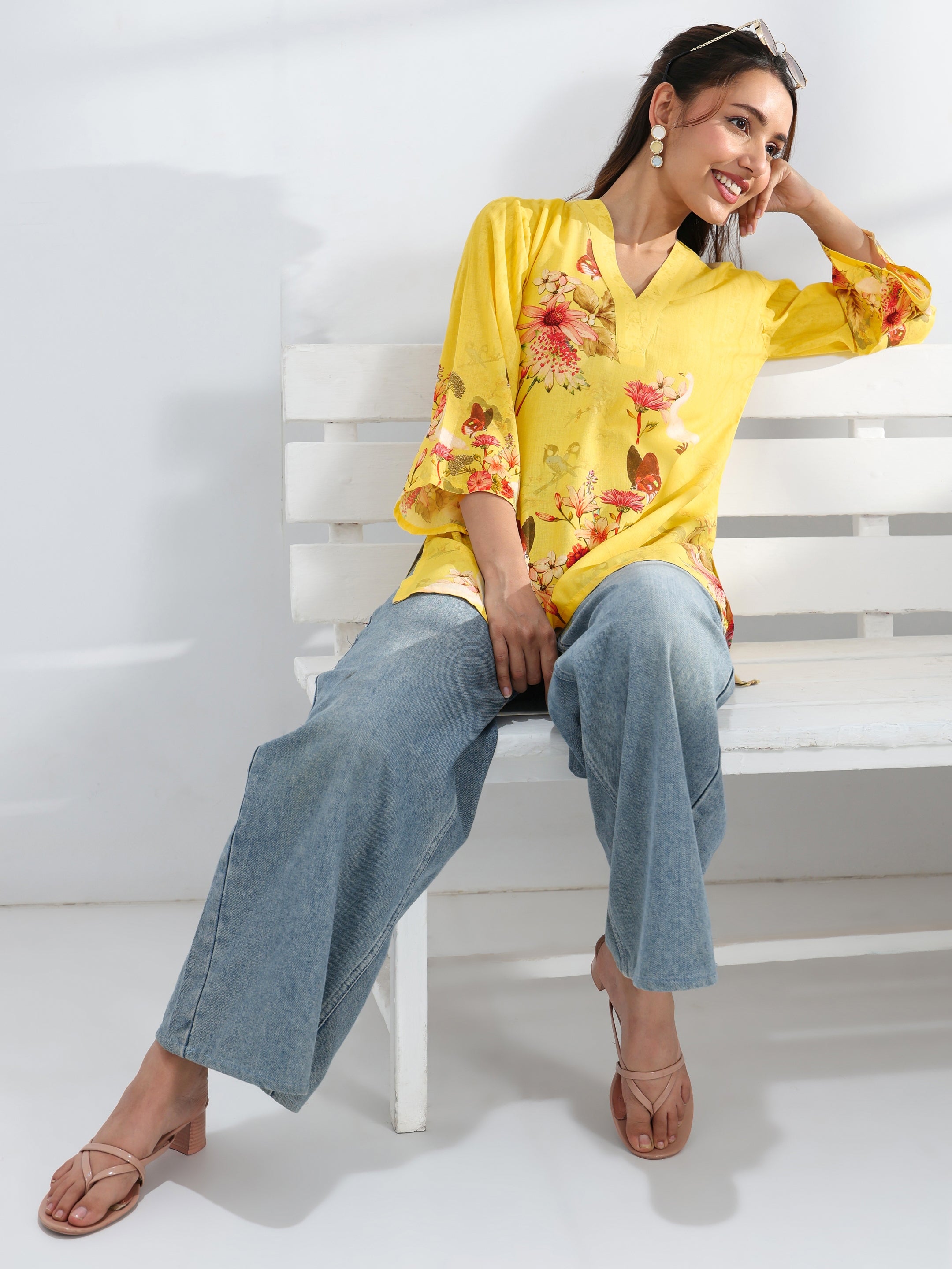 libas Yellow Floral Printed Cotton Blend Straight Short Kurti-picture-11