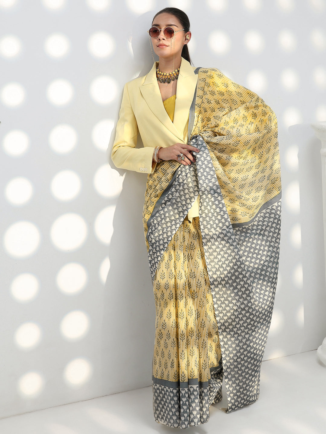 Yellow Floral Printed Cotton Saree 