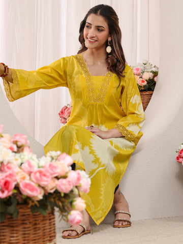 Libas Yellow Floral Printed Silk Blend Straight Kurta