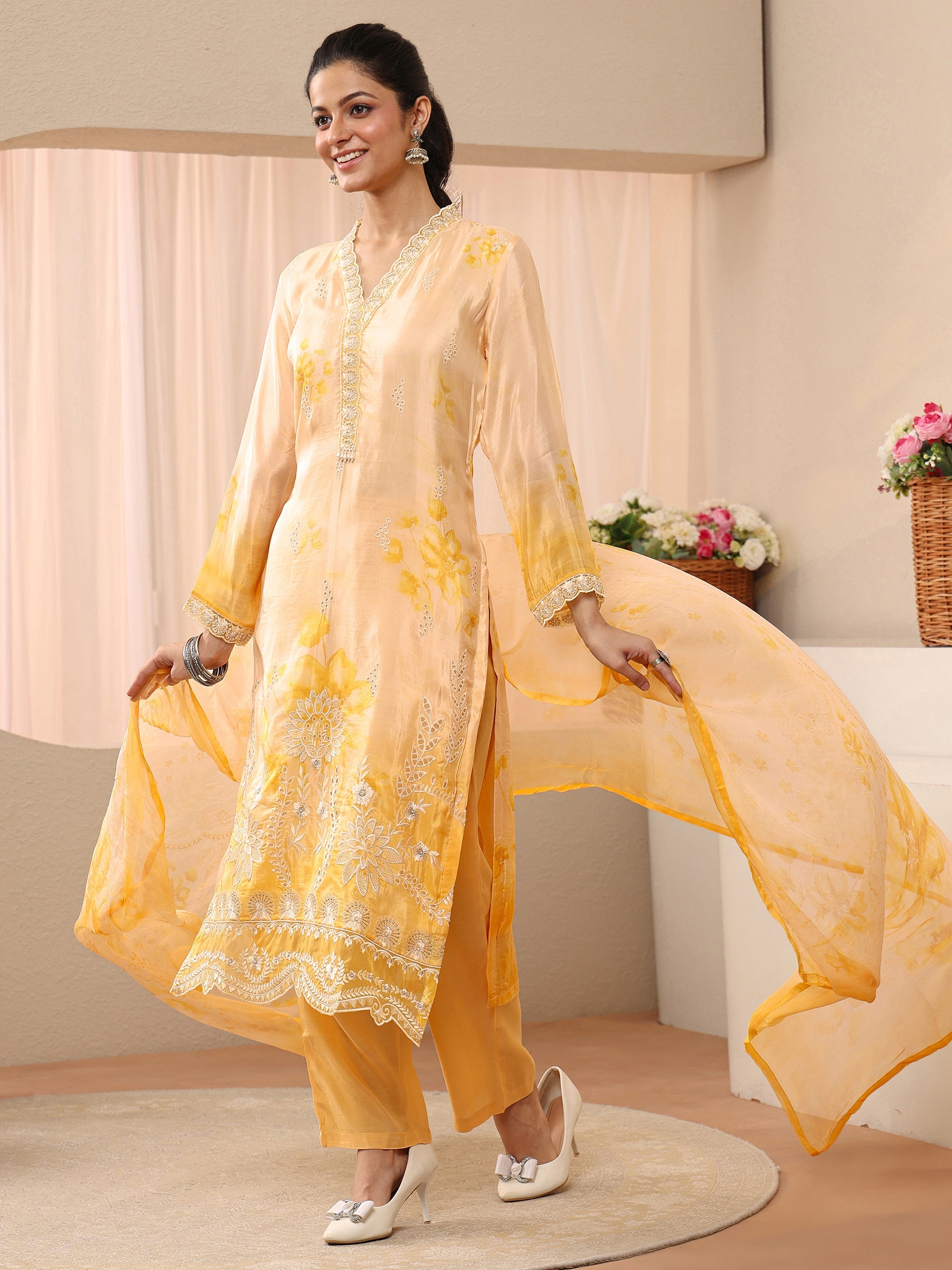 Libas Yellow Floral Printed Silk Blend Straight Suit Set-picture-22