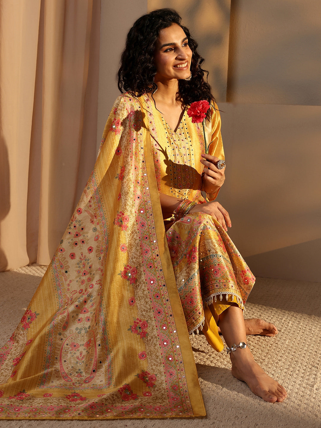  Yellow Floral Printed Silk Blend Straight Suit Set With Dupatta 