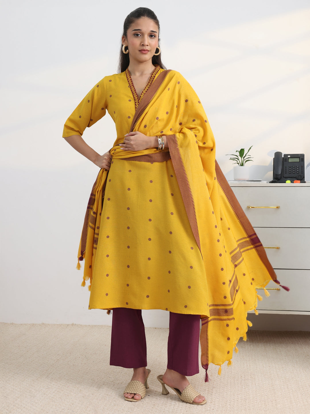 Yellow Geometric Woven Design Cotton Blend A-Line Suit Set With Dupatta