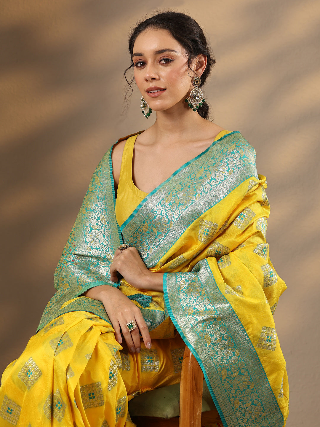  Yellow Geometric Woven Design Silk Blend Saree With Unstitched Blouse Piece 