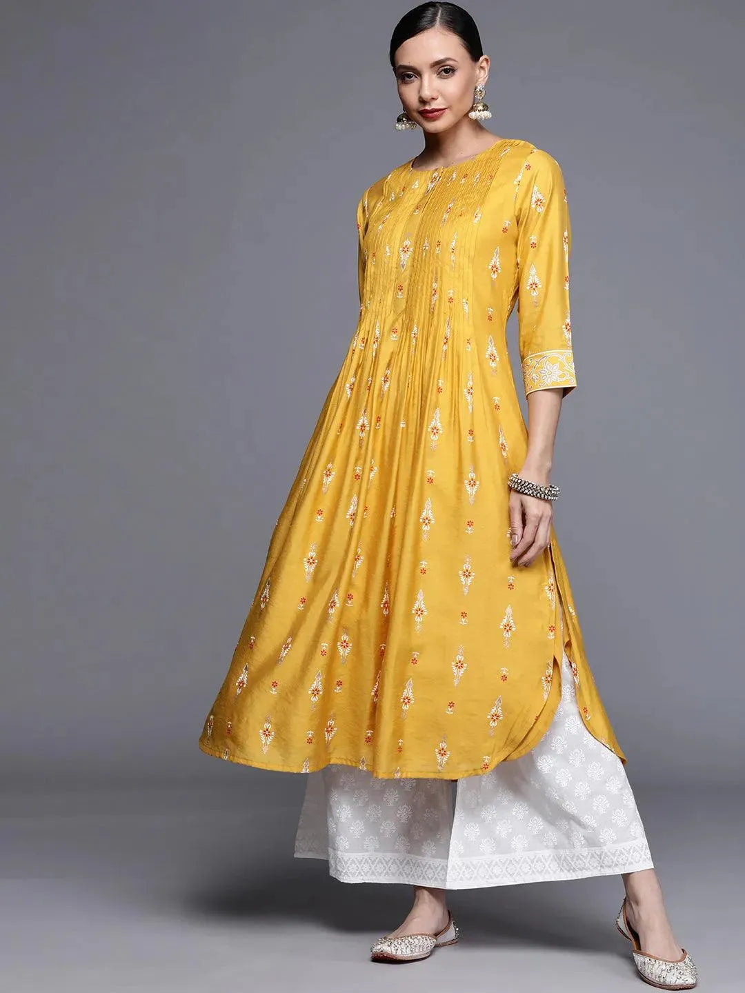 Yellow Printed Chanderi Silk Kurta - Libas