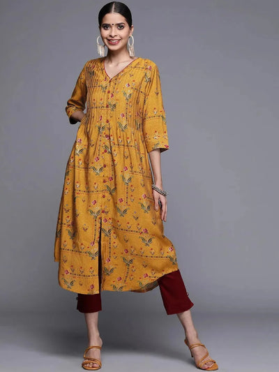 Yellow Printed Chanderi Silk Kurta - Libas