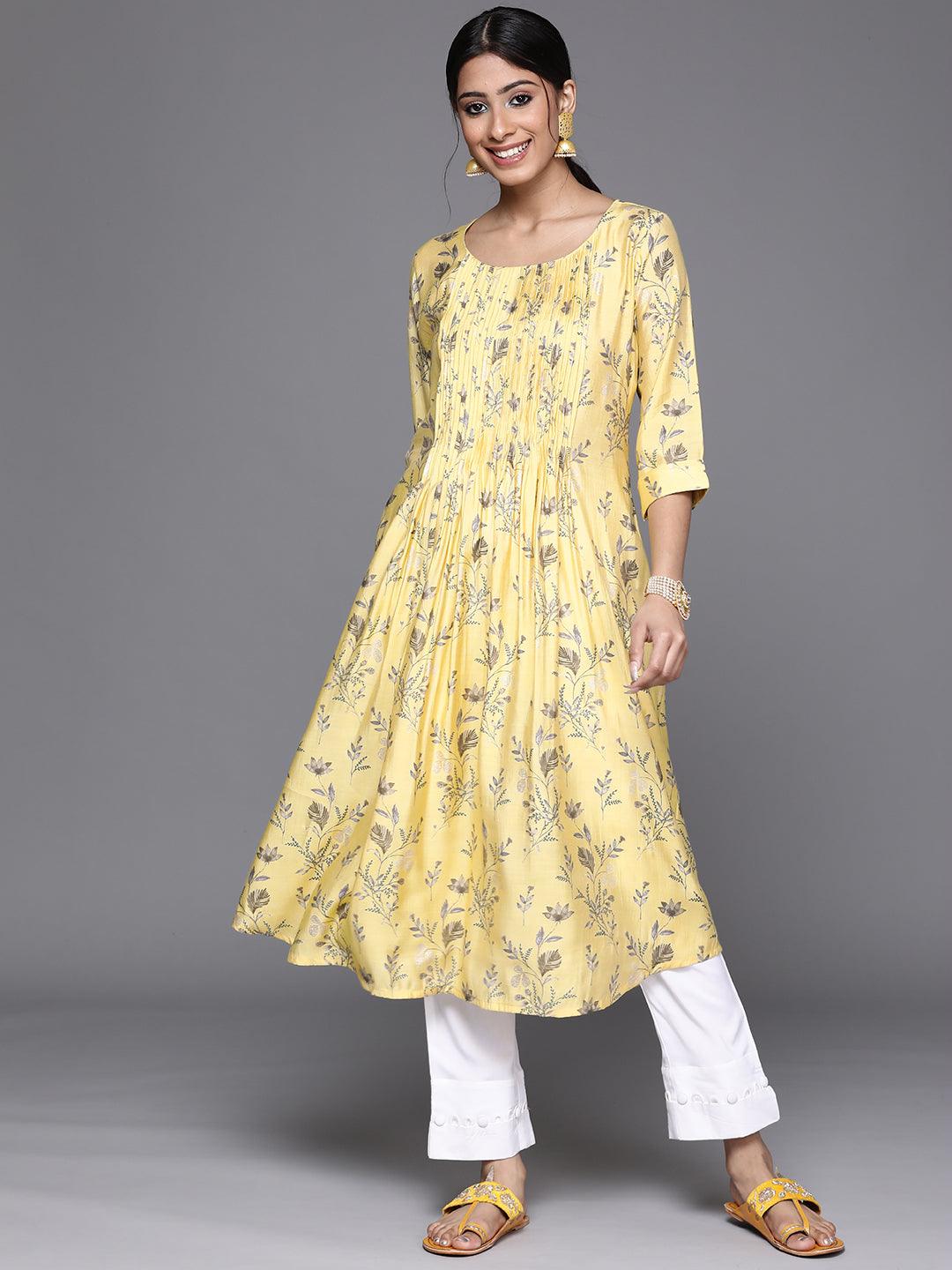 Yellow Printed Chanderi Silk Kurta
