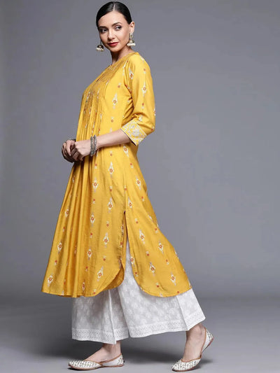 Yellow Printed Chanderi Silk Kurta - Libas