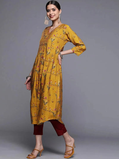 Yellow Printed Chanderi Silk Kurta - Libas