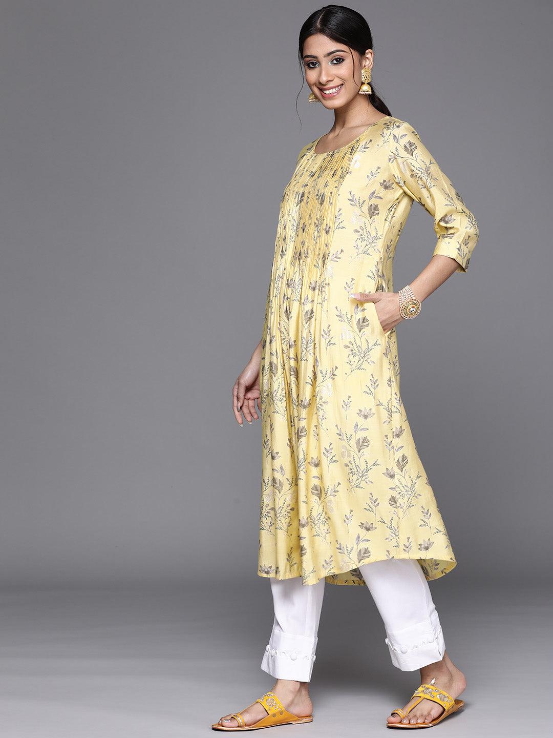 Yellow Printed Chanderi Silk Kurta