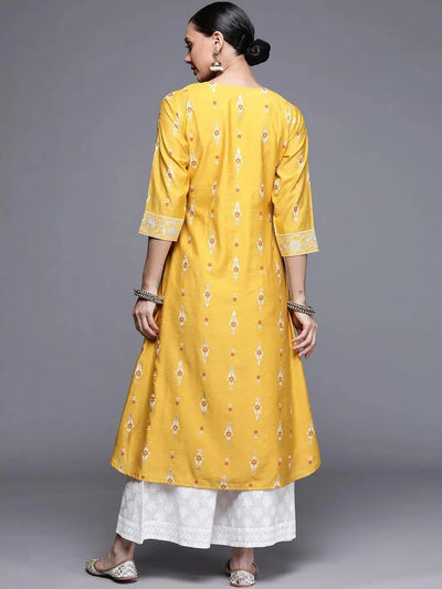 Yellow Printed Chanderi Silk Kurta - Libas