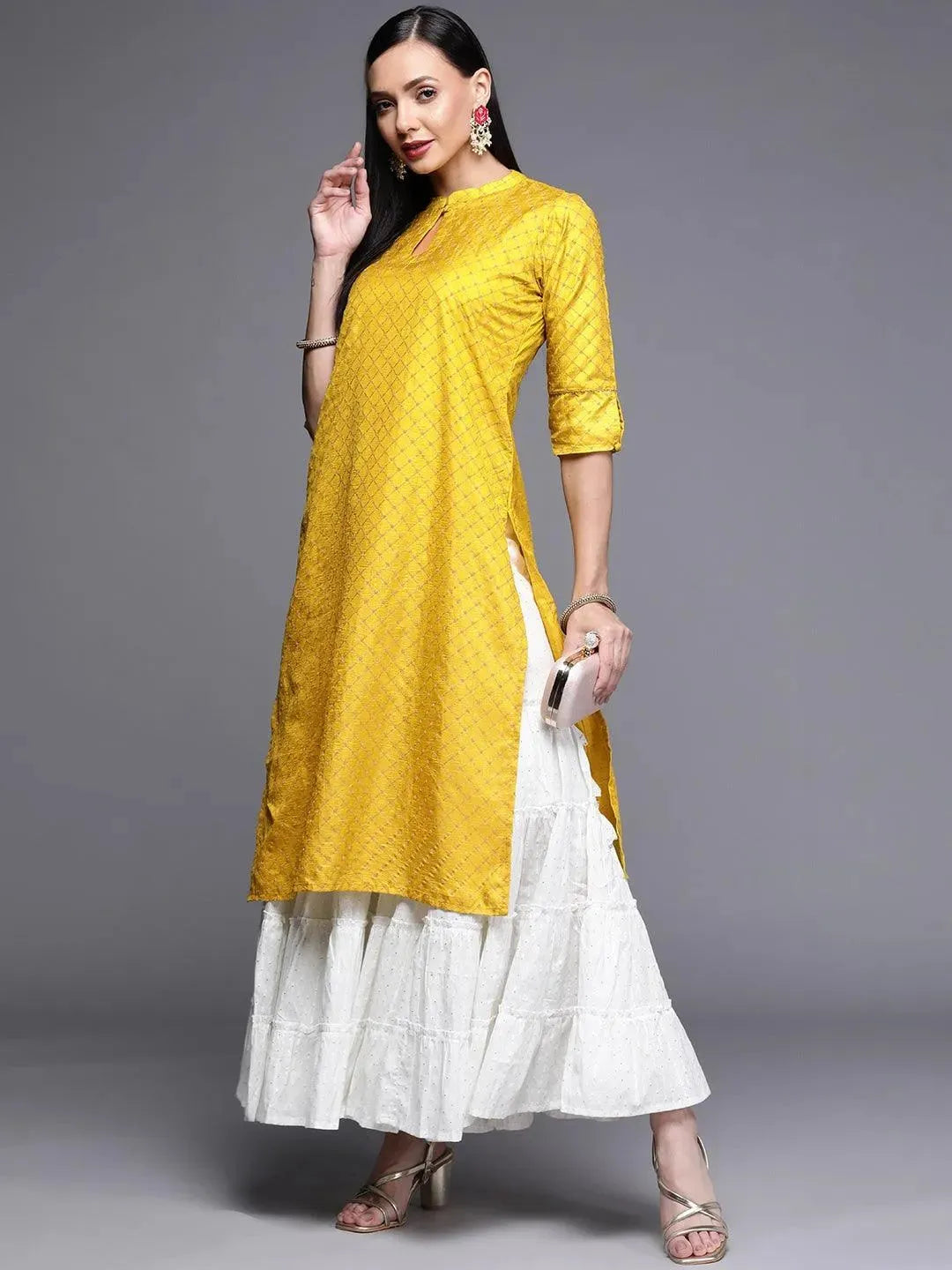 Yellow Printed Chanderi Silk Kurta - Libas 