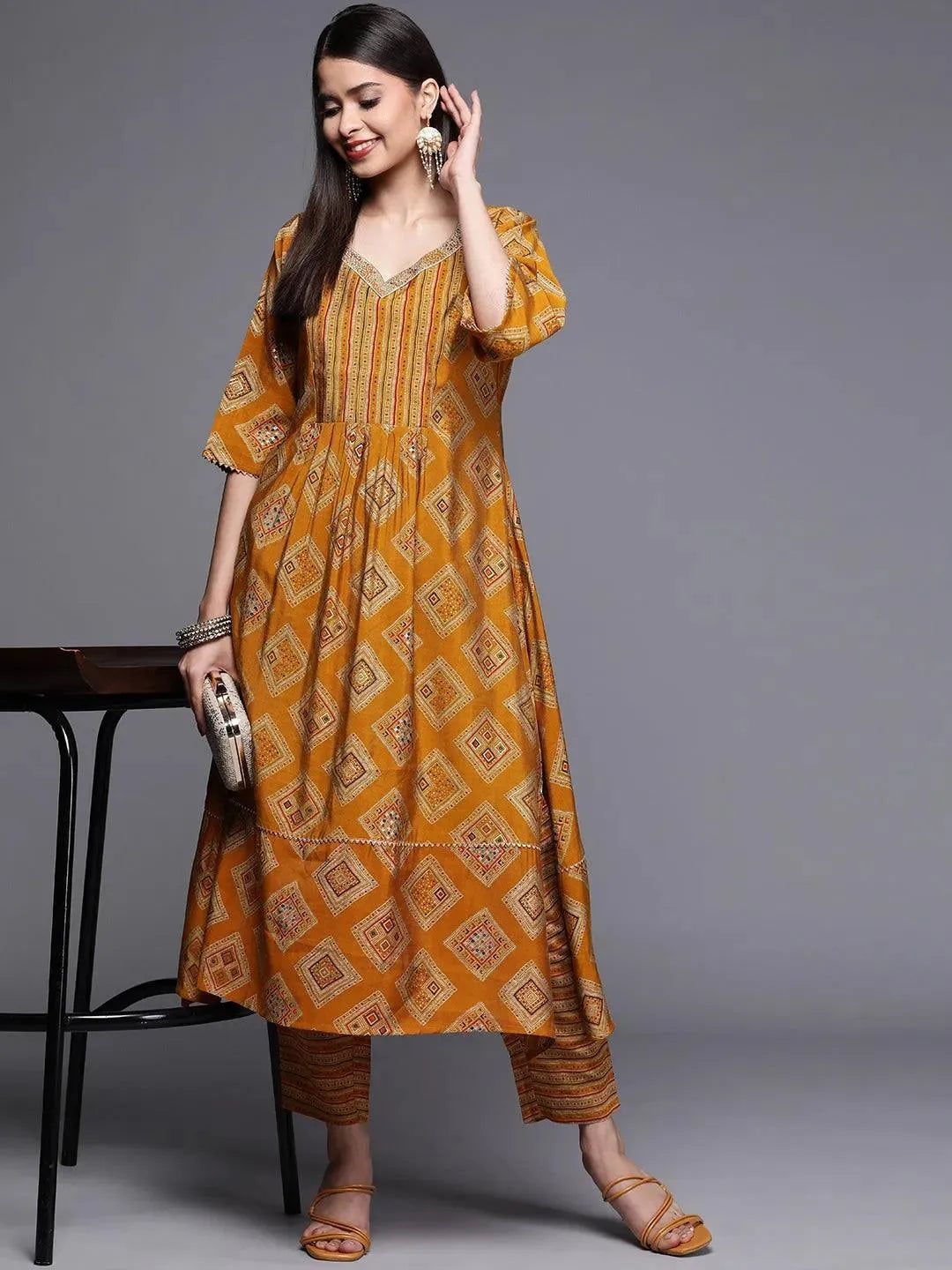 Yellow Printed Chanderi Silk Kurta - Libas