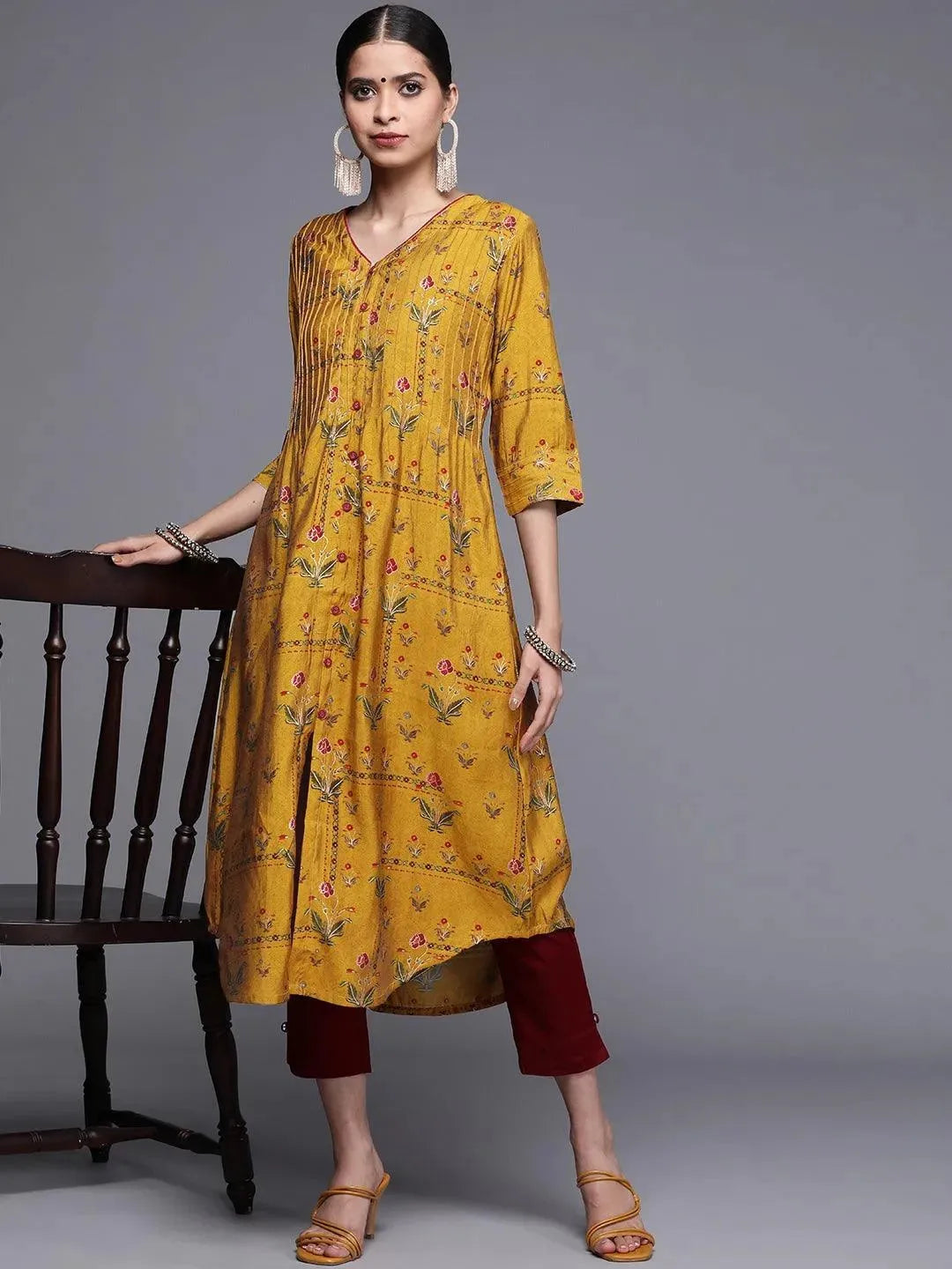 Yellow Printed Chanderi Silk Kurta - Libas 