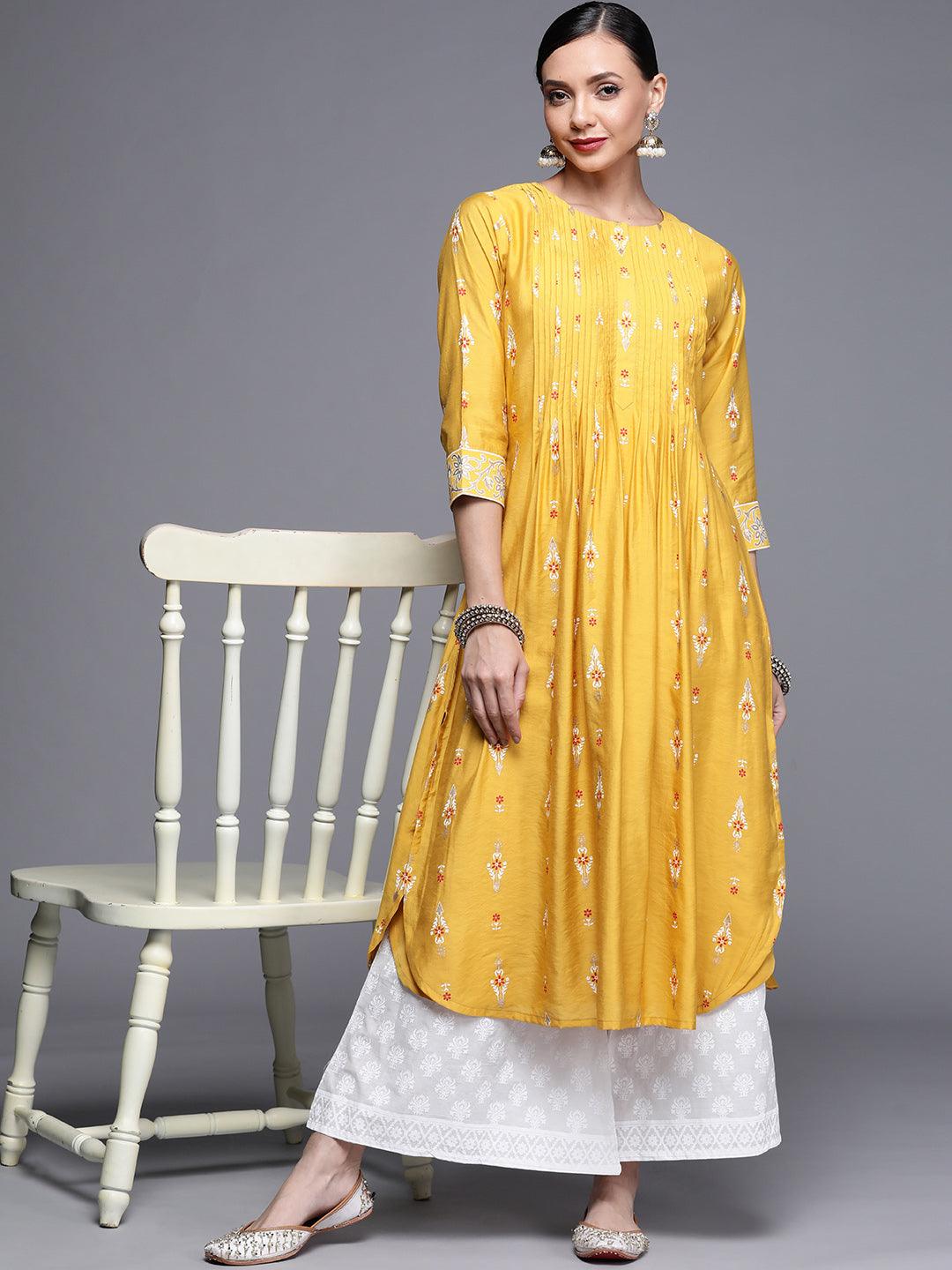 Yellow Printed Chanderi Silk Kurta - Libas