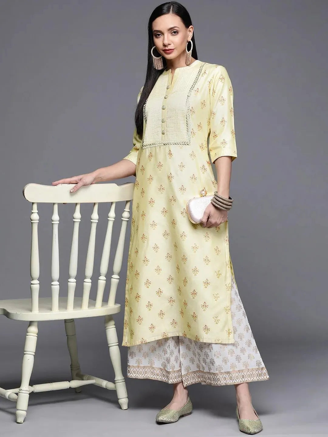 Yellow Printed Chanderi Silk Kurta - Libas